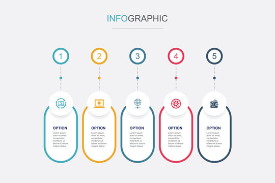 Digital economy, computing technology, worldwide network, information technology, digital wallet, icons Infographic timeline layout design template. Creative presentation concept with 5 steps