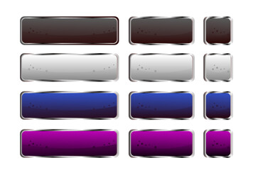  blank buttons in silver border black, white, blue, purple