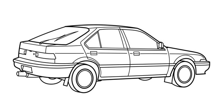 Outline drawing of a hatchback car from rear and side view. Classic 80s, 90s style. Vector outline doodle illustration. Design for print or color book.