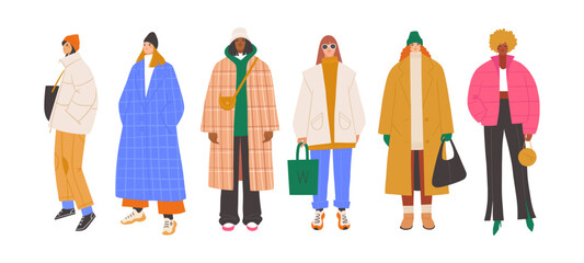 Group of modern women wearing trendy winter clothes. Casual stylish city street style fashion outfits. Hand drawn characters colorful vector illustration.