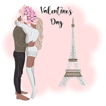 Couple in Paris near the Eiffel Tower, Valentine's Day vector illustration 3