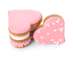 Stack of tasty heart shaped cookies on white background. Valentine's Day celebration