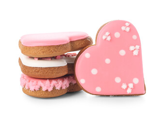 Stack of tasty heart shaped cookies on white background. Valentine's Day celebration