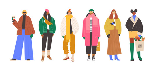 Group of modern women wearing trendy winter clothes. Casual stylish city street style fashion outfits. Hand drawn characters colorful vector illustration.