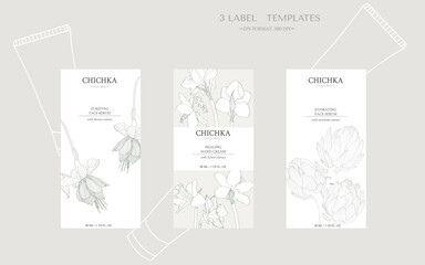 Set for cosmetics. Packing concept with flowers and artichokes. Natural, eco, bio cosmetics isolated on white background. Vector illustration of a sketch style.