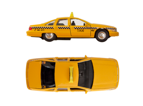 Gelbes Taxi Spielzeug Auto, seitliche Ansicht und von oben, freigestellt, transparent, ohne Hintergrund