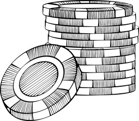 Stacks of gambling chips. Casino tokens in line art style. Vector illustrations in hand drawn sketch style isolated on white. Concept win and casino gambling
