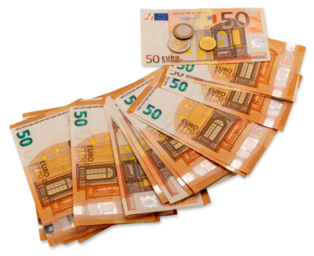 Fifty euro banknotes scattered in fan shape with one and two, euro and 10 cent coins on top, isolated on white, clipping path, financial concept and texture patterns