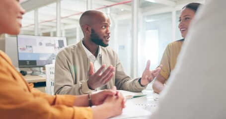 Talking business people, hands or meeting with paper, documents or laptop for global strategy planning. Smile, happy or creative men and women in teamwork collaboration for digital marketing branding