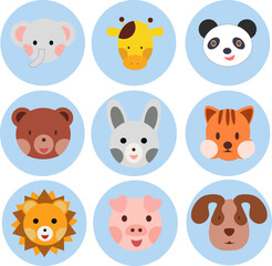 Cartoon animal, bird round stickers, avatars. Flat style vector illustrations clipart collection of cute animals characters