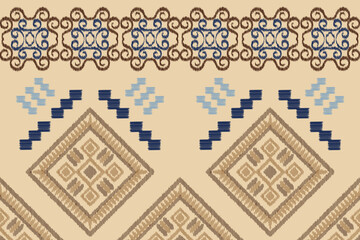 Ethnic Ikat fabric pattern geometric style.African Ikat embroidery Ethnic oriental pattern white brown cream background. Abstract,vector,illustration. For texture,clothing,wrapping,decoration,carpet.