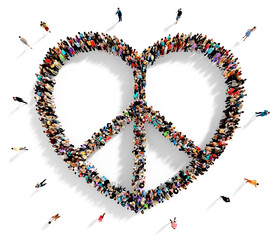 Crowd of people seen from above gathered together in support for peace and love, top view, on transparent background