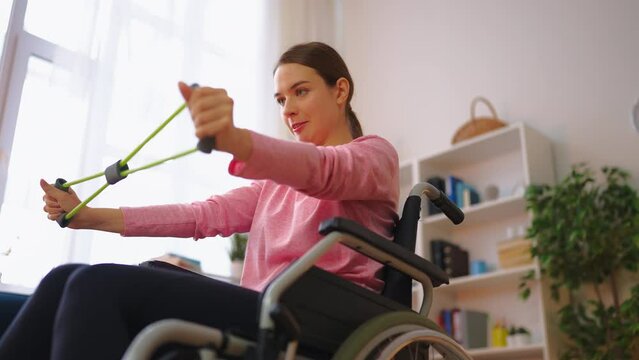 Motivated woman with disability doing stretching exercises, training time