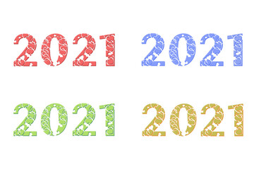 Set of multicolored inscriptions new 2021 year. Font composition with hearts