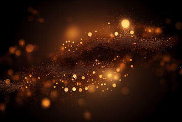 Shiny flow of glitter particles and bokeh golden shiny background on dark backdrop