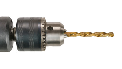 Drill chuck with drill close up. Isolated png with transparency