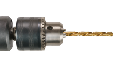 Drill chuck with drill close up. Isolated png with transparency