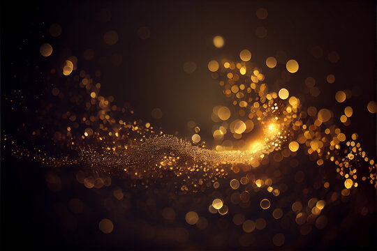 Shiny flow of glitter particles and bokeh golden shiny background on dark backdrop