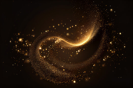 Shiny flow of glitter particles and bokeh golden shiny background on dark backdrop