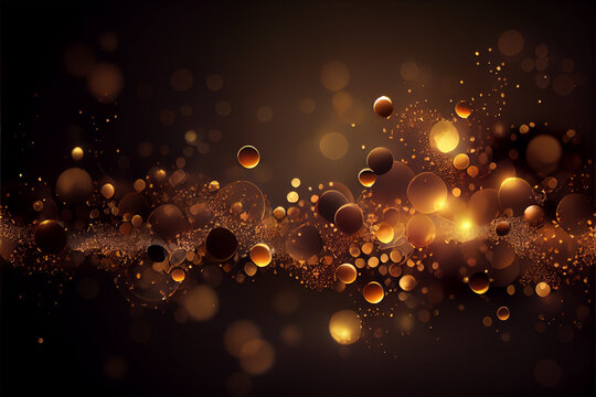 Shiny flow of glitter particles and bokeh golden shiny background on dark backdrop