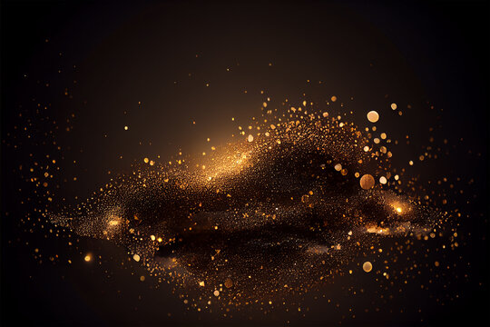 Shiny flow of glitter particles and bokeh golden shiny background on dark backdrop