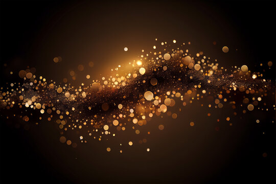 Shiny flow of glitter particles and bokeh golden shiny background on dark backdrop