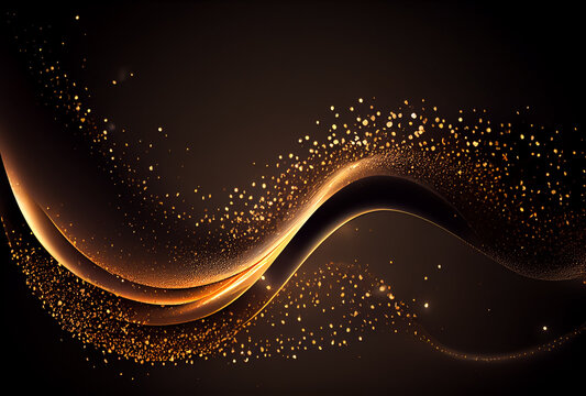 Shiny flow of glitter particles and bokeh golden shiny background on dark backdrop