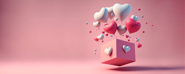 3d open gift box gift box with pink ribbon bow and pink balloons isolated on pink pastel background with 3d shadow, Generative AI