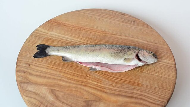 Rotational shot of Trout fish on a board. Shooting