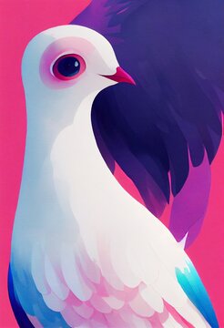 Funny adorable portrait headshot of cute dove bird. European flying animal standing facing front. Looking to camera. Watercolor imitation illustration. AI generated vertical artistic poster.