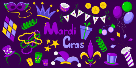 Bright colourful set on purple background for Mardi Gras celebration. Hat, crown, beads, symbol, balloon, serpentine, flag, coconut, mask, crystal, star. Doodle vector illustration in cartoon style