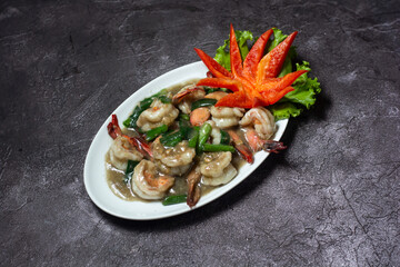 Shrimp Garlic and Pepper served in dish isolated on grey background top view of indian and bangladesh food