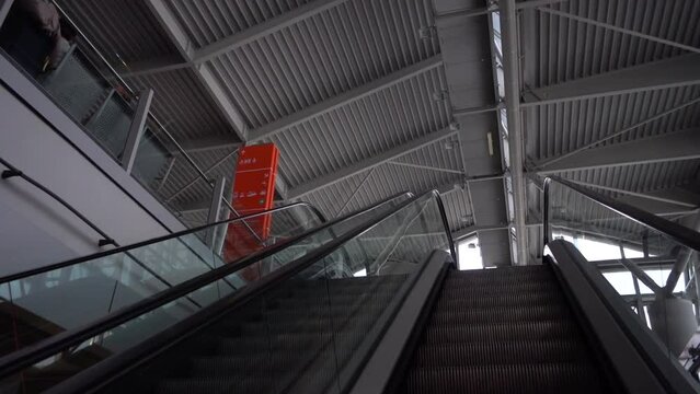 Moving escalator in the airport building.
