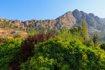 Turkish Taurus Mountains in the Kemer region of Antalya province. Background with copy space