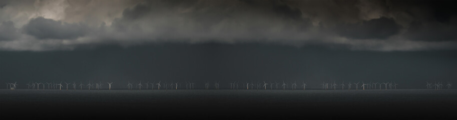 Banner with wind turbine generators. A wind farm in the ocean during a storm. Green energy concept © Armands photography