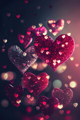 Beautiful pink glittering falling hearts, hearts background with bokeh, love, St. Valentine's Day, Generative AI