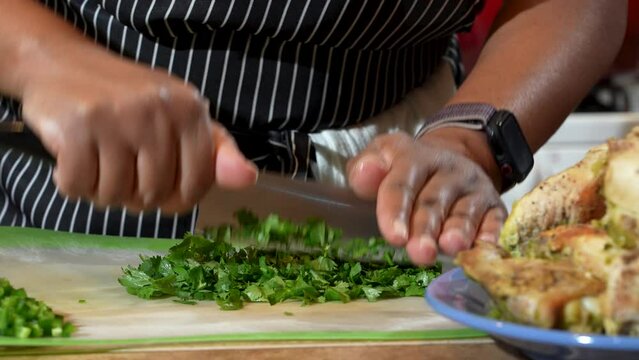 Woman chopping cilantro with knife close up
