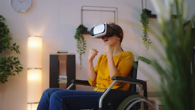 Active woman with disability having virtual reality training in VR headset