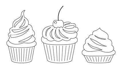 Set of pastries, muffins in cupcake paper outline. Vanilla and chocolate cakes decorated with whipped cream, berries and cherry. Sweet sugar desserts. Vector illustration isolated on white background