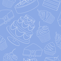 Seamless pattern with delicious desserts, pastries, cupcakes, birthday cakes with celebration candles and chocolate slices. Set of colorful outline, line art vector illustration isolated on background