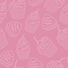 Seamless pattern with pastries, muffins in cupcake paper outline. Vanilla and chocolate cakes decorated with whipped cream, berries and cherry. Sweet sugar desserts. Colored vector illustration