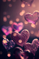 Beautiful pink glittering falling hearts, pink background with bokeh, love, St. Valentine's Day, Generative AI