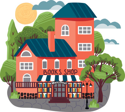 Books shop surrounded by green trees.House with roof, windows and canopy,showcase, signboard, handwritten text, lantern, sun and clouds.Vector clip art isolated on white.Cartoon flat illustration.
