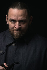 stylish man in retro outfit suit hat smoking wooden pipe look cosplay england gentleman fashionable confident gangster style