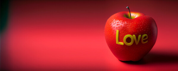 love written on an apple, copy space, valentines day,  red background, generative ai
