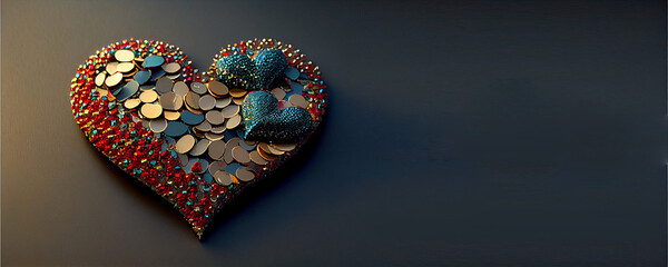  heart shaped sequins, valentines day, copy space, isolated black background, generative ai