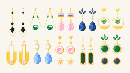 Earrings jewelry accessories vector icons set on beige background. Gold diamond and pearl gemstones pendant vector illustration. Flat style illustration