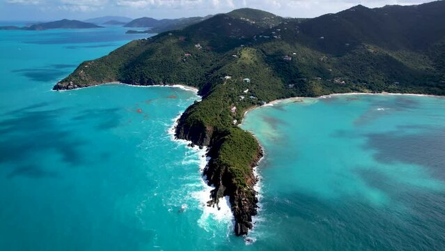 Aerial Footage Of Waves Crashing Over Beach And Coastline On Tortola, British Virgin Islands