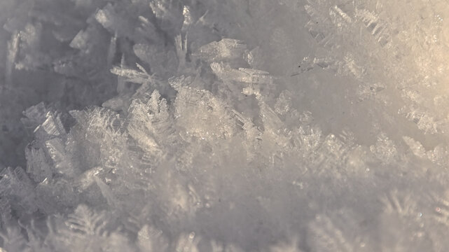Macro of sunny white ice christals in the snow, selective focus