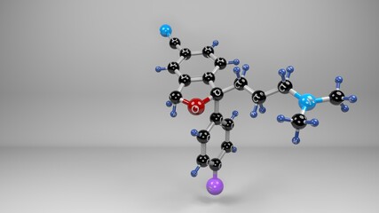 Escitalopram molecule. Molecular structure of Lexapro anti-depressant, anti-obsessive-compulsive and anti bulimic compound used in the treatment of depression and anxiety.

